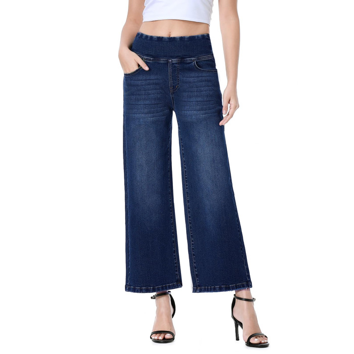 Джинси жіночі Baggy з високою талією, широкі, укорочені прямі, еластичні, літні, колір - темний індиго