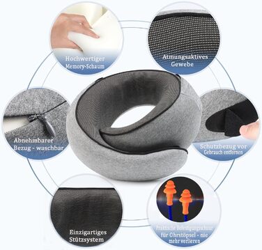 Подушка для шиї з регульованою капюшоном та 360° підтримкою шиї | Ергономічна подушка з піною з пам'яті для подорожей (літак, авто) | З чохлом для подорожей та берушами | Дихаюча та пральна (світло-сіра)