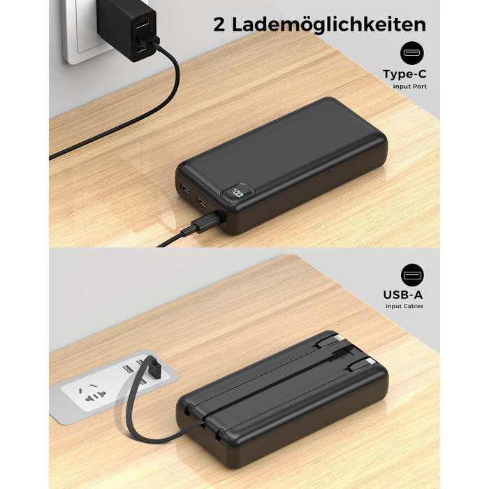Повербанк Powerbank 50000mAh P500C з вбудованими кабелями та LED-дисплеєм, швидка зарядка USB-C, зовнішній акумулятор для iPhone, Android та планшетів, чорний