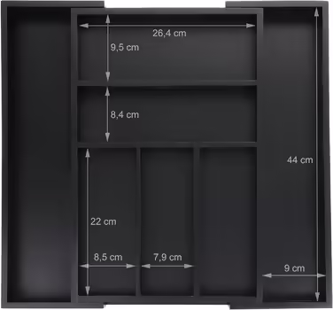 Relaxdays Extendable Cutlery Box, Bamboo, HBT: 5 x 30.5-49 x 46 cm, 5-7 Compartments, Cutlery Insert for Drawers, Black, 1 Piece