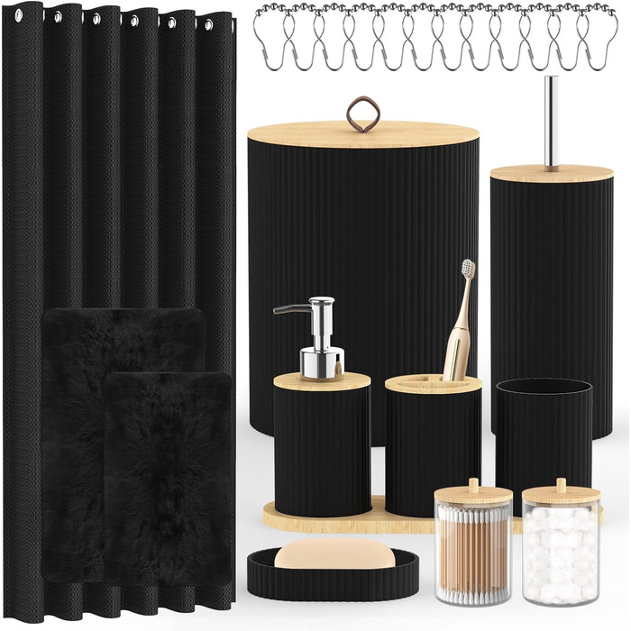 Набір аксесуарів для ванної кімнати PLIOW – 22 предмети: шторка для душу, відро для сміття, тримач для унітазної щітки, дозатор для мила. Стильний та функціональний декор для дому (Чорний, повний комплект + килимок для ванної)