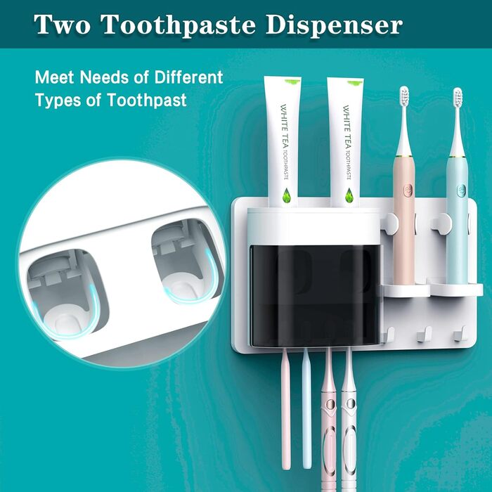 Automatic Toothpaste Dispenser, DENSAIL Toothbrush Holder for Wall Mounting with Dust-Proof Cover and 2 Toothpaste Dispensers, 2 Electric Toothbrush Holders, and 4 Toothbrush Organizer Slots