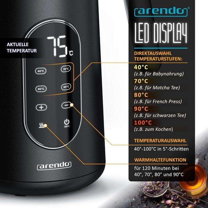 Електричний чайник Arendo з регулюванням температури, нержавіюча сталь, подвійні стінки Cool Touch, дисплей, бездротовий, 2200 Вт, 1,7 л, захист від перегріву, функція підтримання тепла, чорний