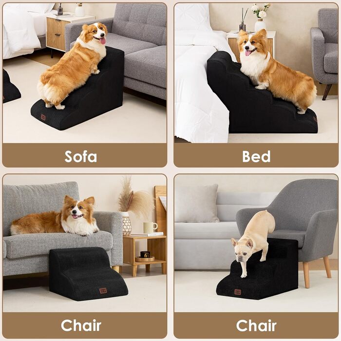 Сходинки для собак EHEYCIGA - 40 см, сірі. Зручні сходи для маленьких собак до ліжка/софи. 3 сходи, неслизьке покриття, миючий чохол. Розміри: 40 x 50 x 30 см