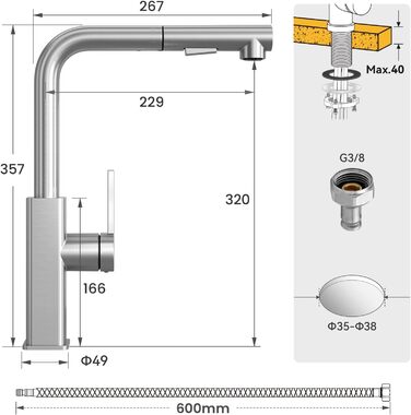 Кухонний змішувач CECIPA висувний з душем, нержавіюча сталь, 2 режими, поворот 360°, високий тиск, L-подібний, для кухні