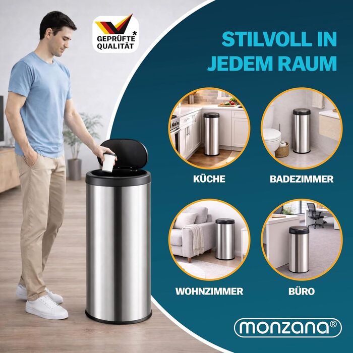 Сенсорний сміттєвий кошик для кухні Monzana 50L, розумне відро зі сталі з датчиком відкриття, безконтактний, сріблястий
