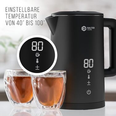 Balter Stainless Steel Kettle with Temperature Setting, 40°C-100°C, Double-Walled, BPA-Free, 1.7L, Black, WK-5-Touch (5 Temperature Levels, LCD)