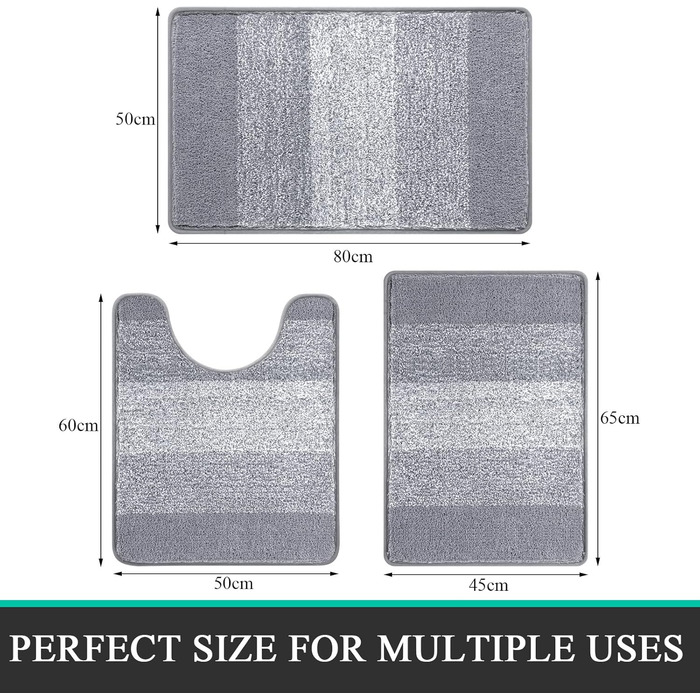 Enyhom 3-Piece Microfiber Bath Mat Set - Non-Slip Bathroom Rugs & Toilet Mat Set - Soft & Washable - Grey - 45x65cm, 50x80cm, 50x60cm