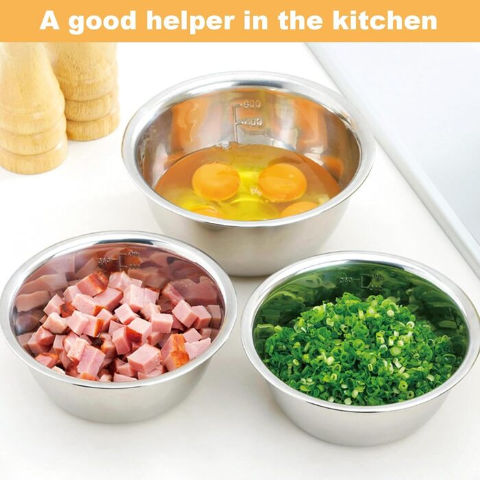 Набір з 5 штук містких металевих чаш GBACHOOSE: 0.58L, 0.9L, 1.6L, 2.05L, 2.6L. Ідеально підходять для приготування, змішування, подачі та зберігання. Зручні, стійкі, легко миються.