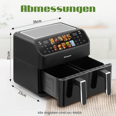 Аерофритюрниця Air Fryer 9л 2000 Вт, двокамерна фритюрниця з гарячим повітрям та термоізольованими ручками, чорна (901-schwarz)