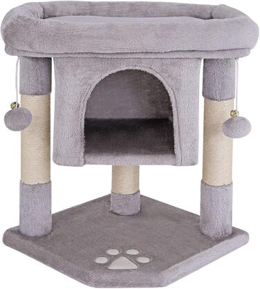 Lionto Scratching Post for Cats with Cave & 2 Plush Balls including Bell, Height 60 cm, Cat Tree with Robust Sisal Rope & Soft Plush, Cozy Lying Area, for Small & Large Cats, Light Grey