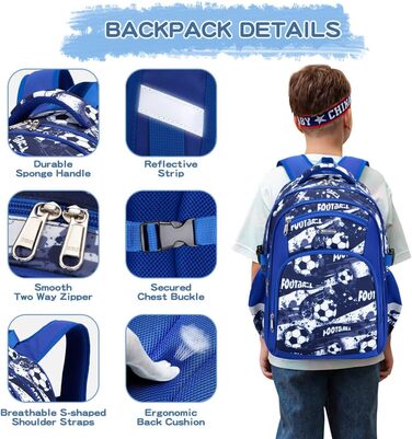 Дитячий рюкзак Cusangel для дівчаток та хлопчиків, ергономічний, регульований, водостійкий, з нагрудним ременем (синій, з футбольною тематикою)