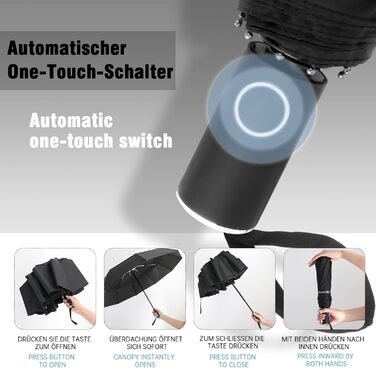 Чорний парасолька Herreicher туристичний автоматичний штормостійкий з алюмінієвим каркасом, компактний, 102 см, 10 спиць, для чоловіків/жінок/дітей/літніх людей