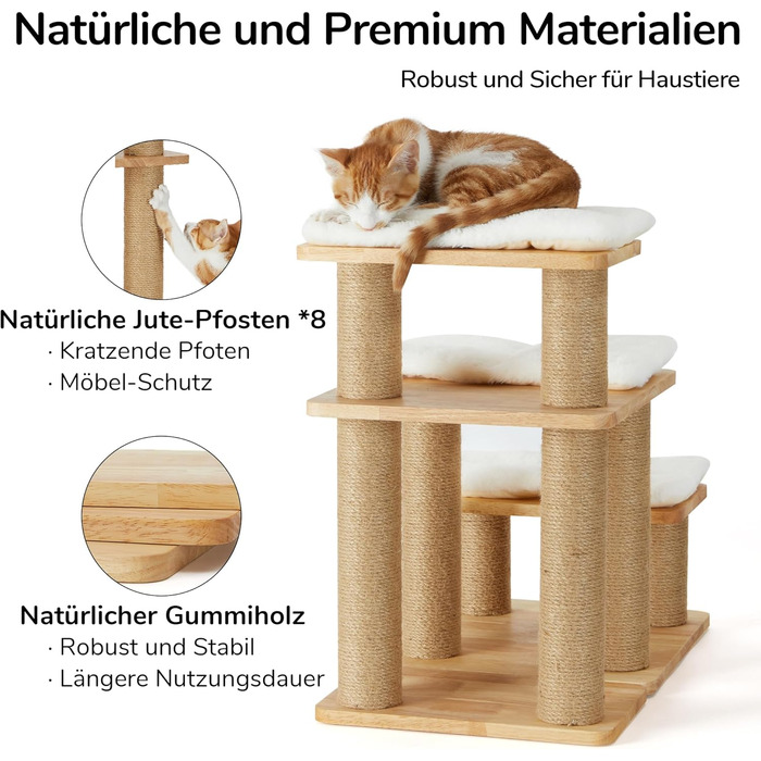 Сходинки для собак FUKUMARU, 3 сходинки, для домашніх тварин, з натурального гумового дерева та джуту, регульована висота 18-51 см, витримує до 90 кг, знімний м'який килимок, 6 варіантів комбінації, білий килимок