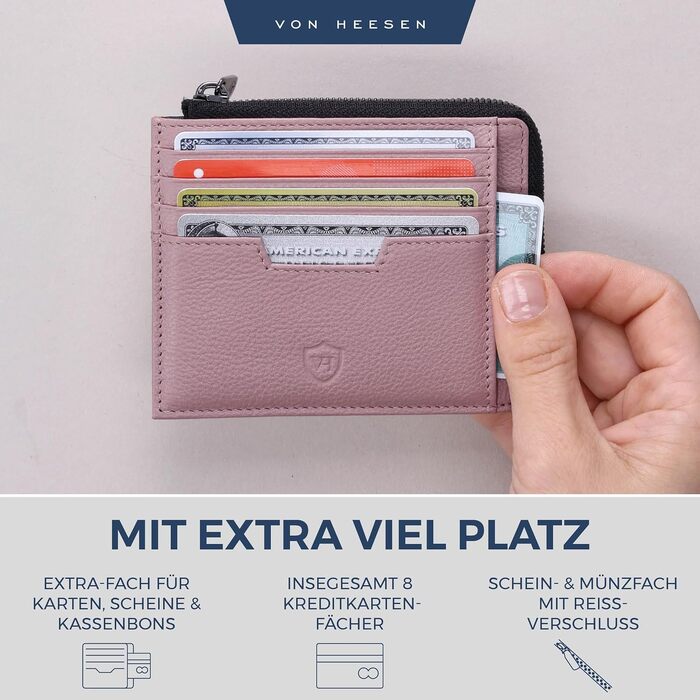 Шкіряний RFID картхолдер VON HEESEN з натуральної шкіри наппа, портмоне для кредитних карток на 9 відділень, унісекс (Коньяк/Лаванда)