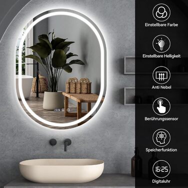 Дзеркало для ванної кімнати YOURLITE з підсвічуванням, 60 см, LED, сенсорне керування, 3 кольори світла, регулювання яскравості, антизапар, пам'ять, годинник, овальне, білий