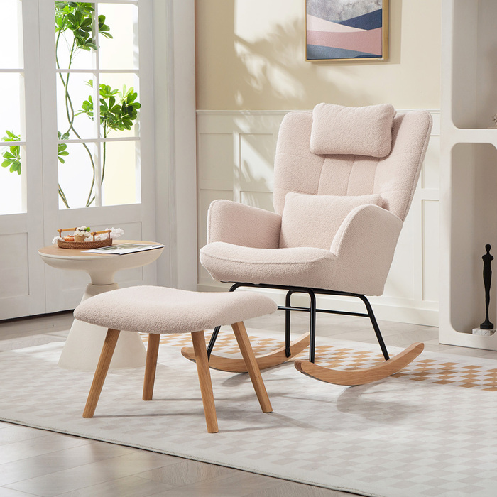 HOMCOM Rocking Chair with Ottoman, Soft Fleece Upholstery, Wooden Legs, Cushion, High Back, Rocker, Beige