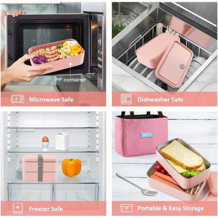 HOLIPOT Ланчбокс Bento Box з роздільниками, 2 рівні, з нержавіючої сталі та PP, з виделкою-ложкою, сумка, для дітей та дорослих (Рожевий)