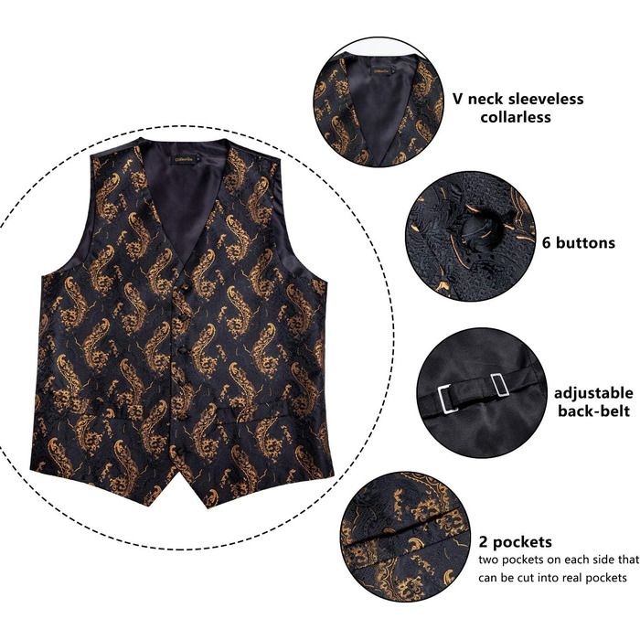 Чоловічий комплект Dibangu з шовку, візерунок павич, жилет та краватка, метелик-трансформер, формальний жилет для весілля, вечірки, 6 шт. Чорний, золотий