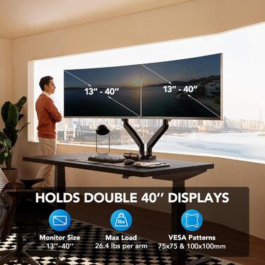 Кріплення для монітора HUANUO Gaming, 2 монітори, до 40 дюймів, регулювання висоти, USB, VESA, чорний