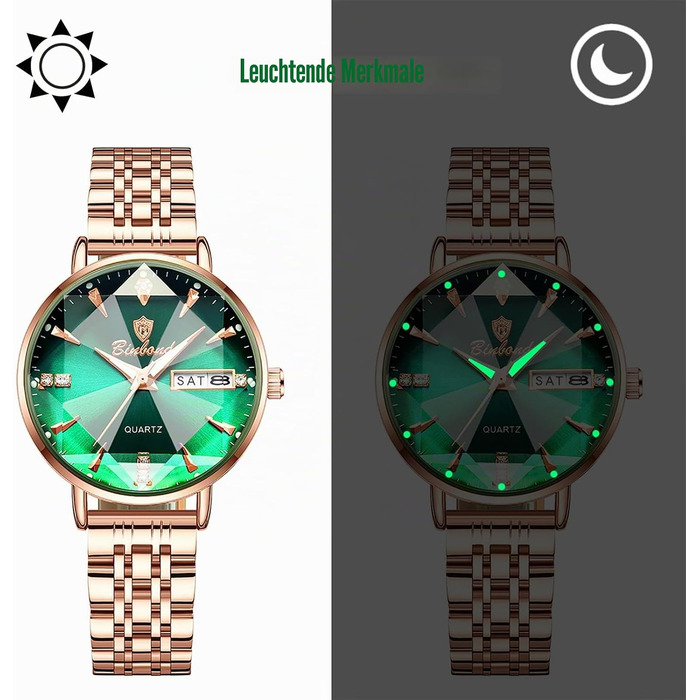 Жіночий наручний годинник JewelryWe Rosegold: кварцовий аналоговий годинник зі сталі, водонепроникний (30м), з календарем, підсвічуванням стрілок та граненим склом, колір Rosegold-Зелений