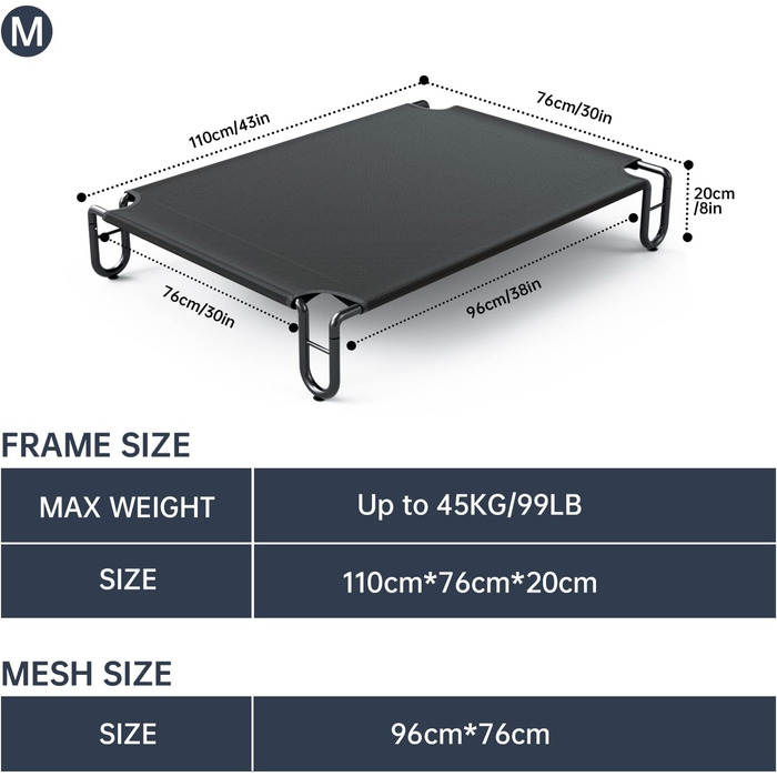 Підвищене собаче ліжко KORIMEFA до 55 кг, для собак середніх порід, 122 x 85 x 20 см, з неслизькими ніжками, для використання в приміщенні та на вулиці
