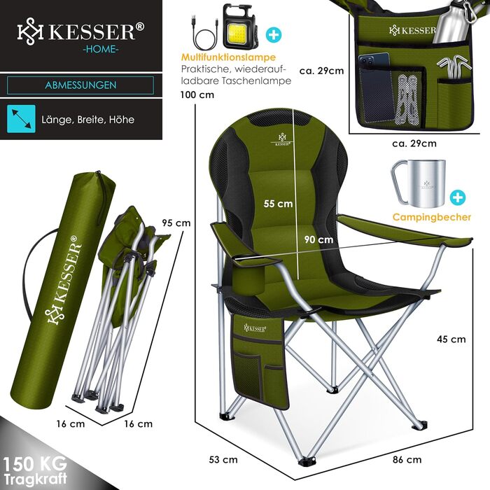 Крісло для кемпінгу KESSER® розкладне, до 150 кг, для риболовлі, з підлокітниками, високою спинкою, пляшкотримачем, світлом, сумкою, бежевий/чорний