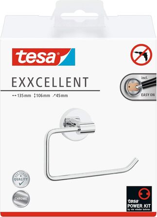 Тримач для туалетного паперу tesa EXXCELLENT без кришки, хромований, для настінного монтажу на клейовій основі (без свердління), 135x106x45 мм