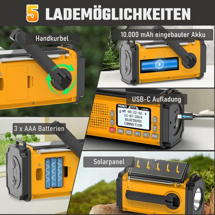Радіоприймач PRUNUS J-924D: DAB+/UKW, радіо з ручкою, акумулятор 10000mAh, Bluetooth, ліхтарик, SOS, зарядка для телефону (зелений/жовтий)