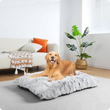 Dog bed, Fluffy dog mats, Longer plush dog cushions, Washable, non-slip bottom, 110 cm for medium and large dogs, light grey