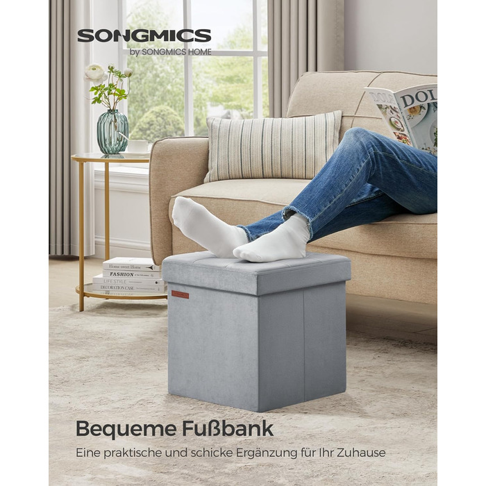 SONGMICS Storage Ottoman, Small Folding Bench, 38 x 38 cm Footstool, Storage Box, Holds up to 300 kg, for Living Room Bedroom Dorm, Dove Grey LSF227G02 38T x 38B x 38H cm Dove Grey