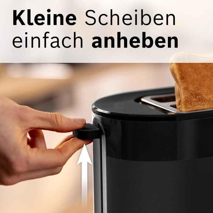 Bosch Compact Toaster MyMoment TAT2M123, integrated bagel attachment, with defrost function, with automatic shut-off, lift function, bread centering, perfect for 2 slices, 800 watts, matte black. Bagel attachment integrated, black.