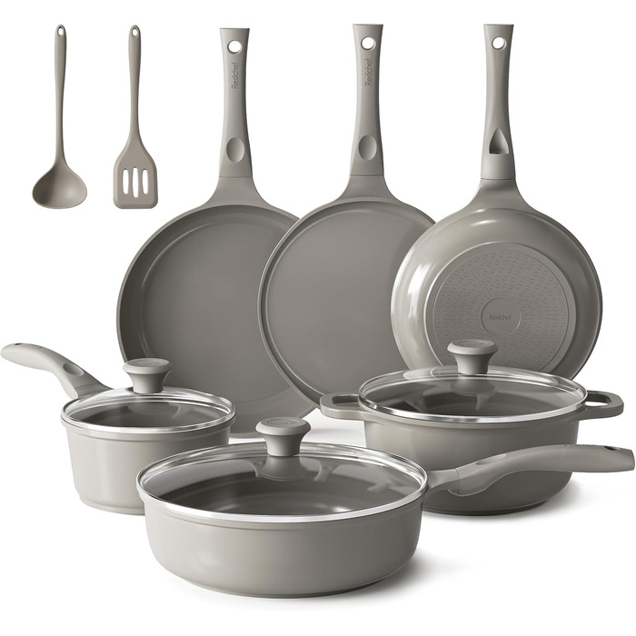 Набір посуду Redchef: 11-ти частинний набір каструль та сковорідок з керамічним покриттям, індукційний, PTFE-free, PFAS-free, для всіх типів плит, стійкий до миття в посудомийній машині (сірий)