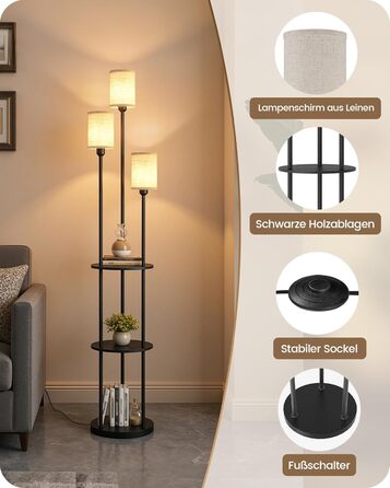 Стельова лампа для вітальні з поличкою, 3-хламкова лампа на ніжці з полицею Vintage, Бохо підлогова лампа з дерева з вимикачем на ніжці, патрон E27, ретро-дизайн, рустикальний коричнево-бежевий колір ZEF53LDD05 (Бежевий, Чорний)