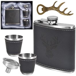 Фляга для чоловіків Jäger з гравіюванням оленя, 180 мл, нержавіюча сталь, комплект з 2 склянок, відкривачем, воронкою, кракею та шкіряним чохлом, аксесуар для полювання