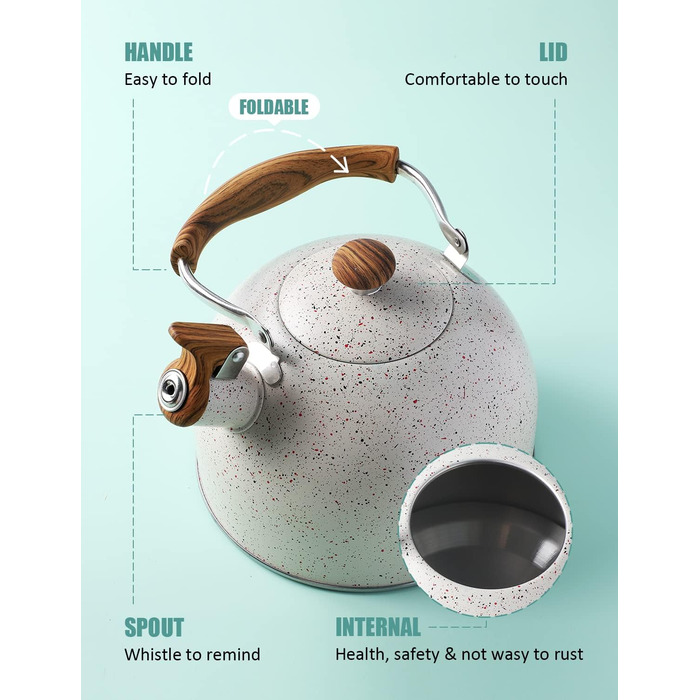 Чайник BELANKO 2,5 л з свистком, нержавіюча сталь, з дерев'ястим декором, складаний ручка, для чаю, кави, молока – блакитний (Starry White)
