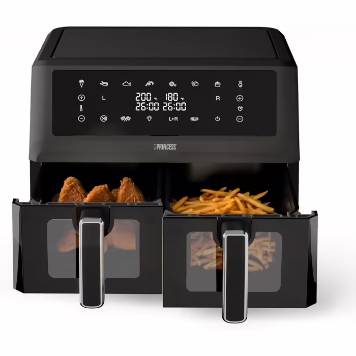 Princess Double Basket Air Fryer - 2 Compartments - 11 L - BPA- and PFAS-free - Sync Function - 8 Programs - Viewing Window - 2400 W - 182276 DOUBLE CHAMBER 2x5.5L