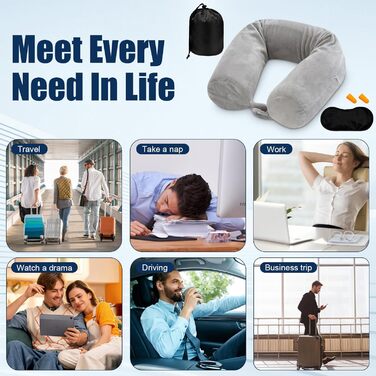 Подушка для шиї у вигляді U, Memory Foam, з чохлом, навушниками, маскою для сну, сіра. Для подорожей, авто, офісу