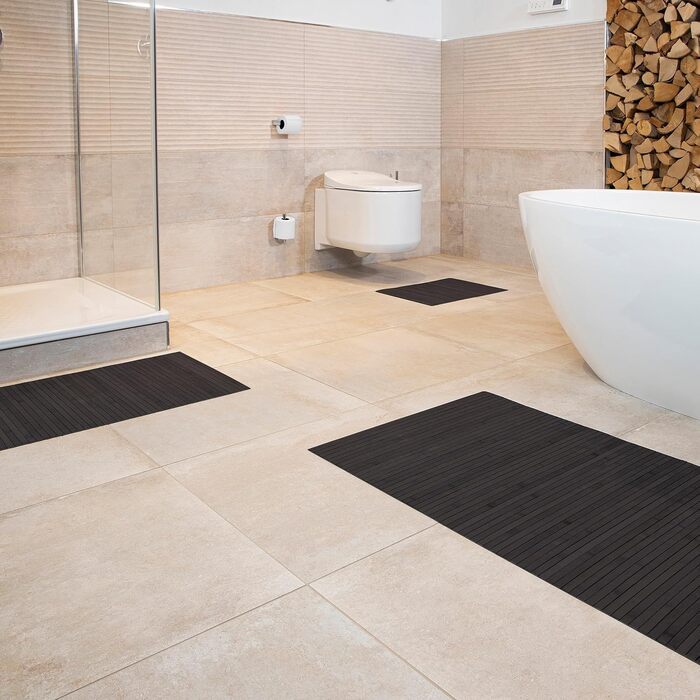 DE-Commerce Bamboo Bath Mat Set - 3 Pack, Non-Slip Bathroom Rugs - Natural Wood Look, Ebony Color