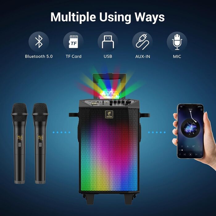 Караоке система TONOR K20 з 2 мікрофонами, Bluetooth, світлодіодна куля, для дому та відпочинку