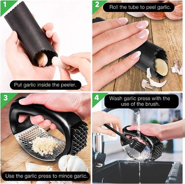 Пресс для часнику та імбиру з важелем, набір з очищувачем для апельсинів, нержавіюча сталь, чорний