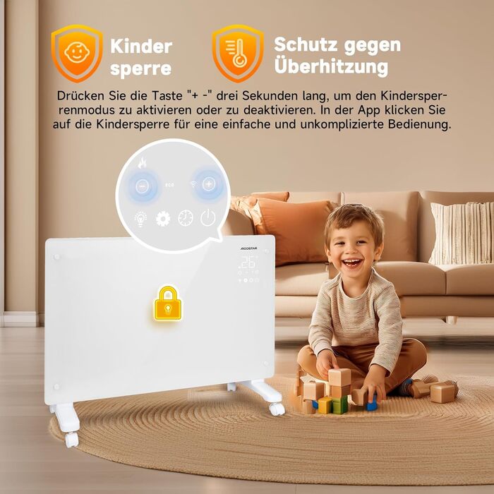 Електричний конвектор Aigostar з термостатом та Wi-Fi, 2000W, для кімнат до 30 м², чорний. Можлива установка на стіну або на підлогу.