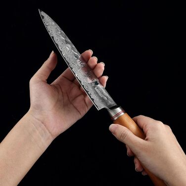 Японський ніж Zayiko Minami Premium з лезом 12 см з дамаської сталі 67 шарів, ручка з оливкового дерева, подарункова коробка | Кухонний ніж, ніж шеф-кухаря (сантоку, з гравіюванням)