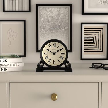 JONES CLOCKS® Saloon Table Clock | Traditional Double-Scroll Design | Black | Roman Numerals | Classic Style for Desk, Table, Shelf, or Nightstand.