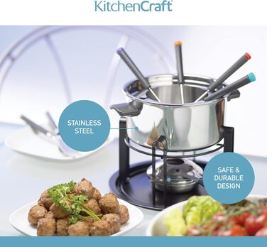 Набір для фондю KitchenCraft 3-в-1 з кольоровими виделками, для шоколадного, м’ясного та сирного фондю, сріблястий