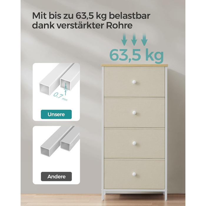 SONGMICS Chest of Drawers, Storage Cabinet with 4 Fabric Drawers, Metal Frame, Tall and Narrow, White-Oak Finish LTS314W57 (Camel Yellow + Cream White, 30W x 45D x 91.7H cm (4 Drawers))