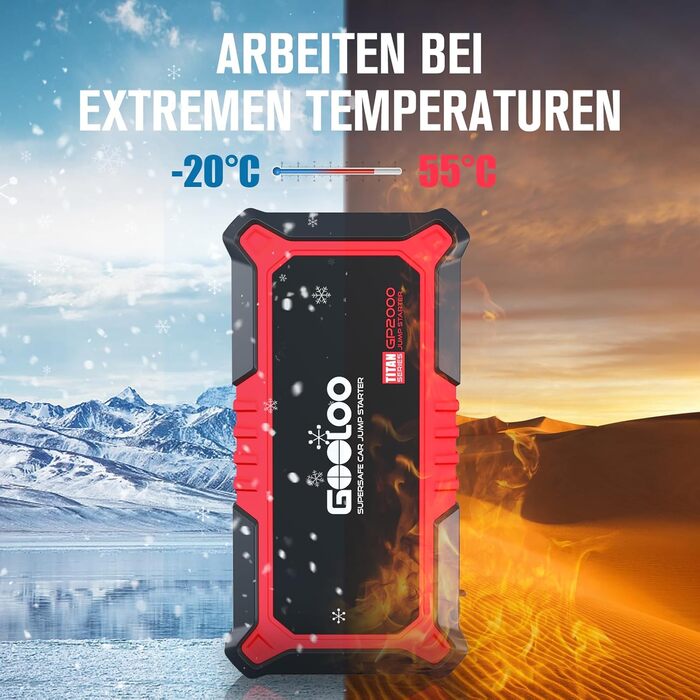 Powerbank Starthilfe GOOLOO GP2000 для автомобіля: 2000A, 12V, до 8.0L бензин/6.0L дизель, USB-швидка зарядка, LED, кабель для пуску