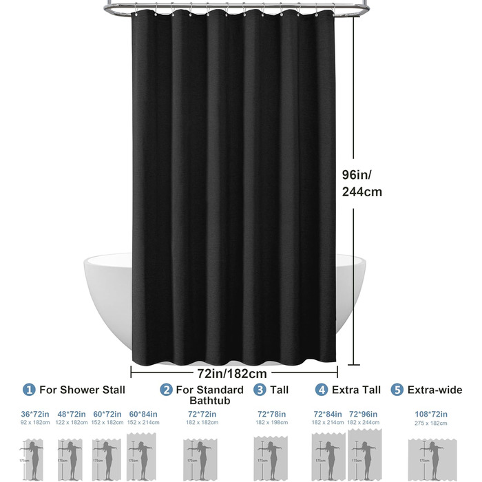 Штора для ванної Waffel з кільцями, водовідштовхувальна, антигрибкова, льон-чорний, 182x182 см (H244 x B182 см)