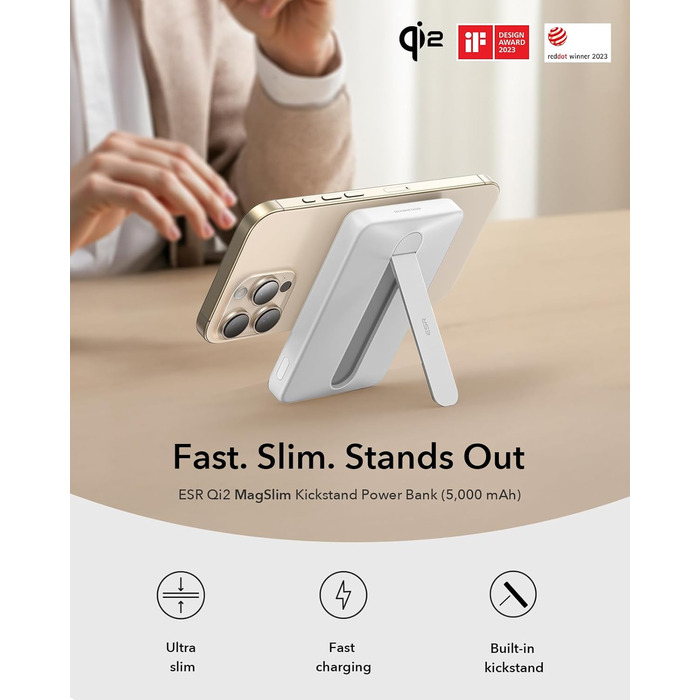 Power Bank ESR MagSafe QI2 з бездротовою магнітною зарядкою, 15W, 5000mAh, USB-C, білий (з підставкою)