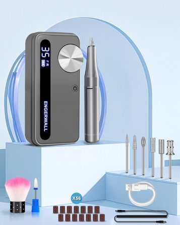 Професійний фрезер для нігтів ENGERWALL 35000 об/хв, акумуляторний, для гелю та акрилу, електричний, манікюрний набір з 7 насадок та 56 шліфувальних стрічок, темно-срібний, портативний